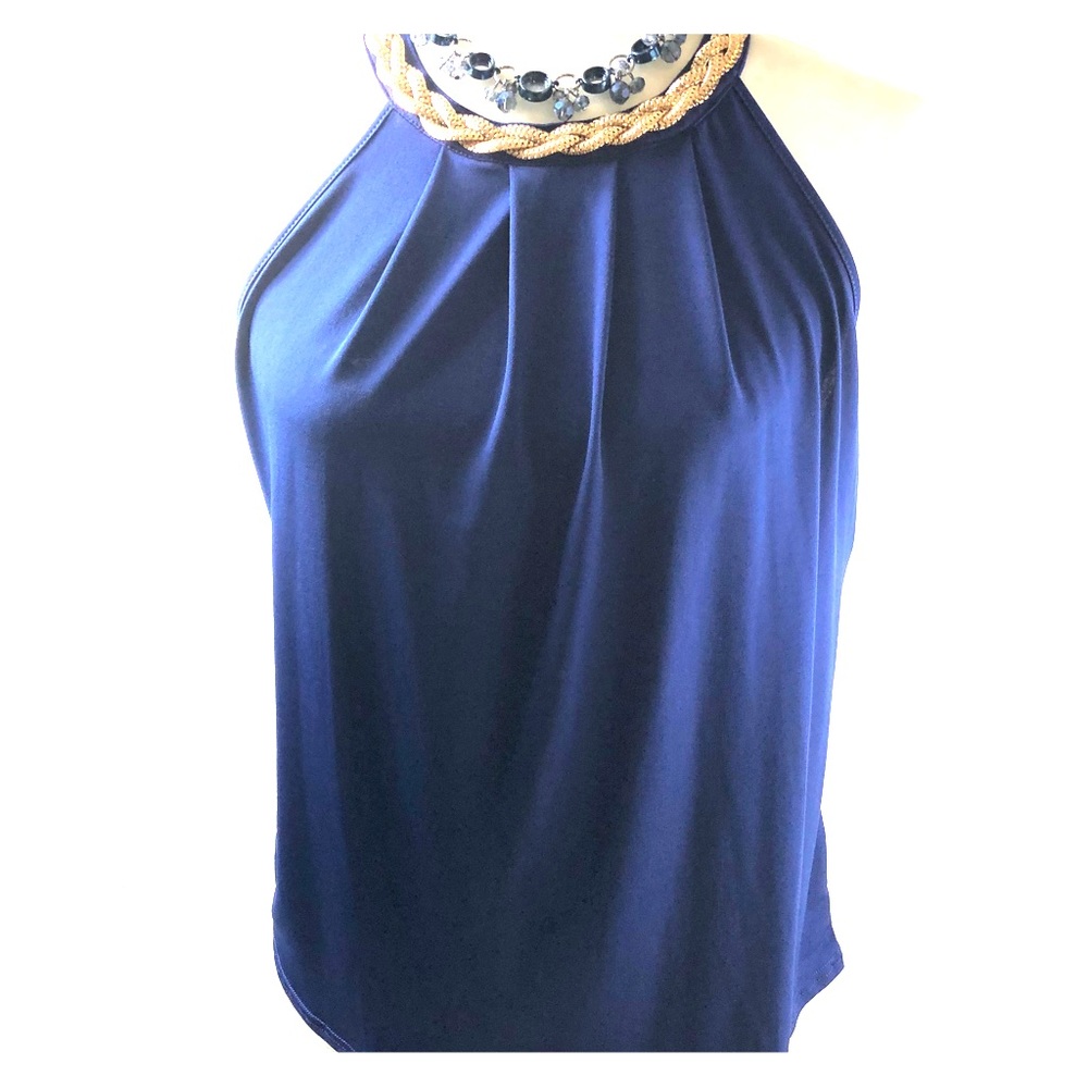Mine NWT Navy blouse with gold collar detail
